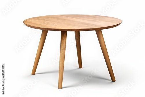 Close-up wooden round scandi table isolated on white background