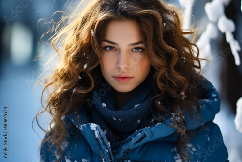 Woman with long hair and blue coat is standing in the snow.