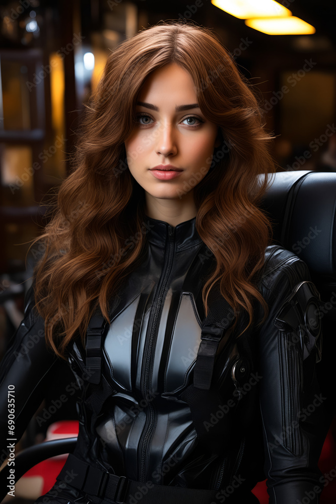Woman in black cat suit sitting in chair.
