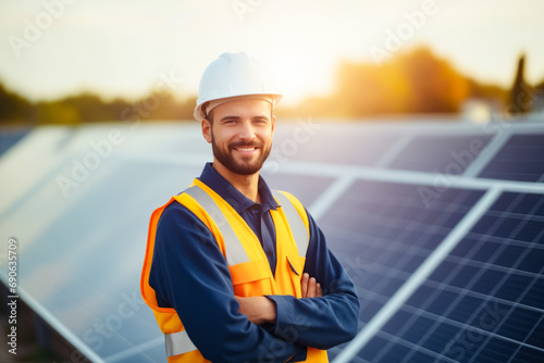 Man in hard hat and safety vest standing in front of solar panel. photo