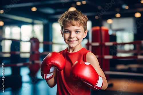 Young boy wearing red boxing gloves posing for picture. © valentyn640