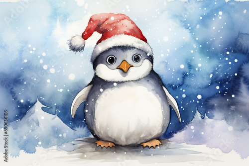 Watercolor illustration of a cute penguin wearing santa hat.  © Teeradej