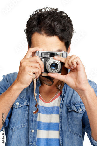 Portrait, camera and man with photography, creativity and paparazzi isolated on a white studio background. Face, person and model with vintage equipment, photographer and photoshoot with journalist