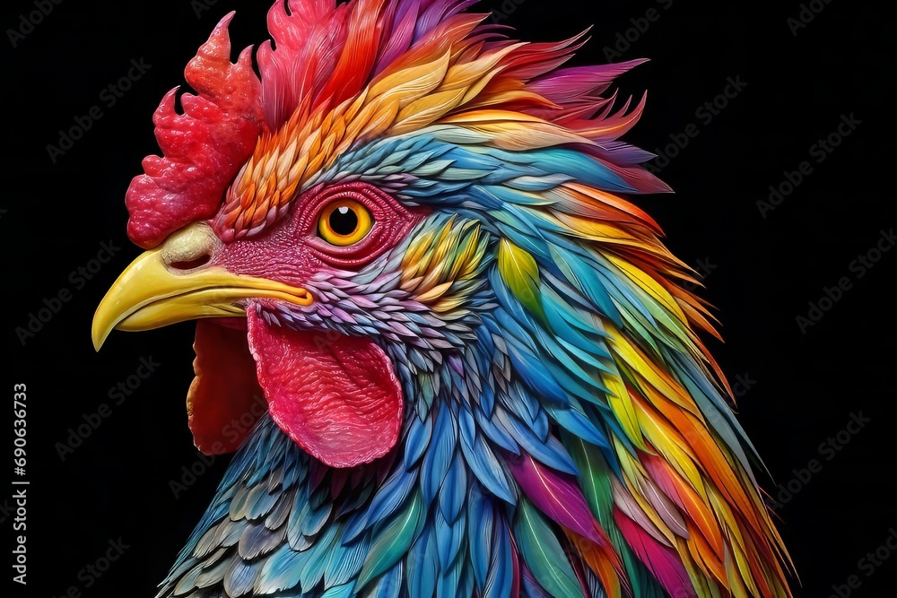 Close-up of a chicken head with colorful feathers on a dark background