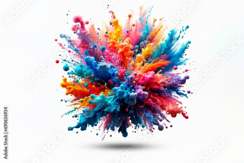 a colorful paint explosion splattering in all directions on a white background. Very vibrant and energetic 