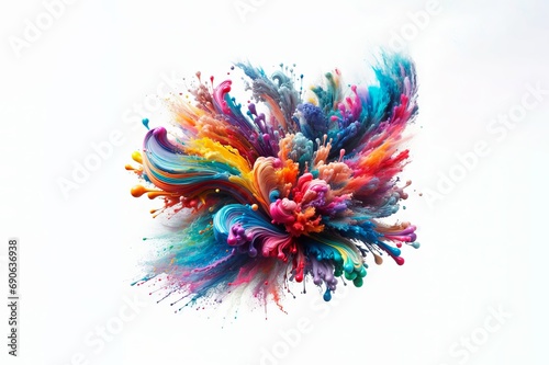 a colorful paint explosion splattering in all directions on a white background. Very vibrant and energetic 