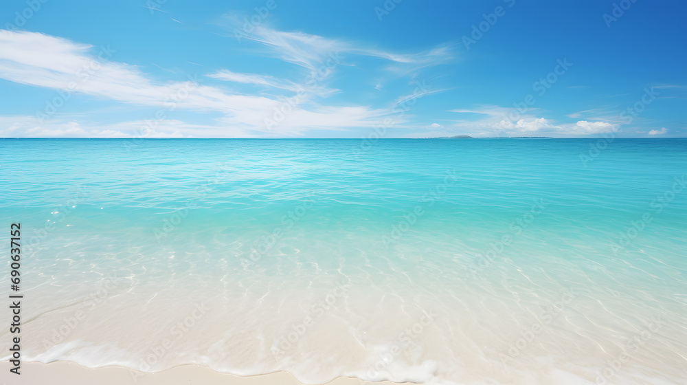 A sandy beach with clear blue water under a bright summer sun.