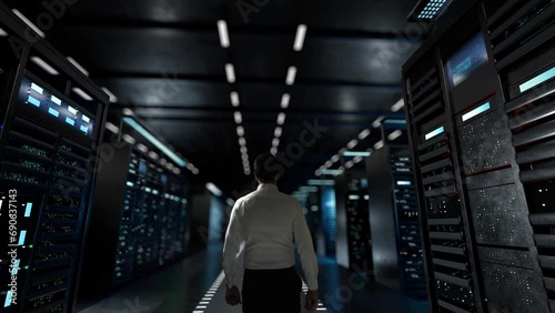 predictive maintenance. IT Administrator Activating Modern Data Center Server with Hologram. photo