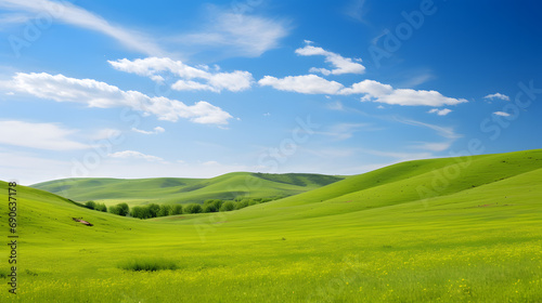 A scenic spring landscape with rolling hills covered in wildflowers under a sunny sky.