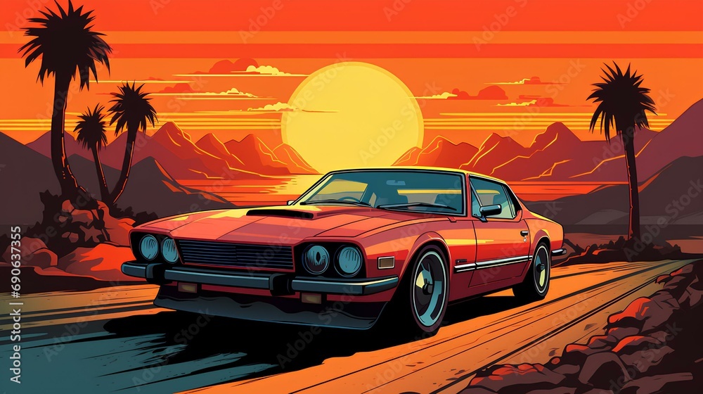 Vintage car 80s with sunset comic style