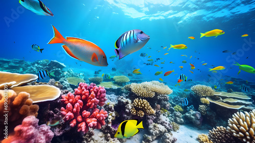 A school of colorful fish swimming near a coral garden in the ocean.