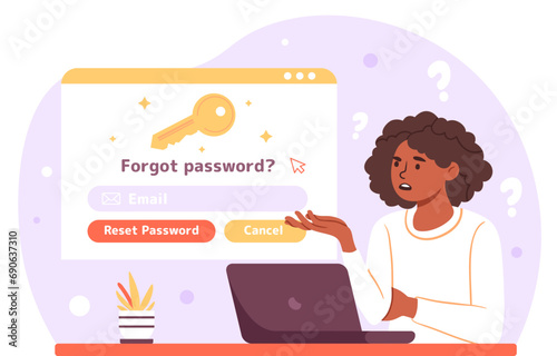 Woman forgot password concept. Young girl without access to her profile or account. Bad authorization, personal data protection. Cartoon flat vector illustration isolated on white background