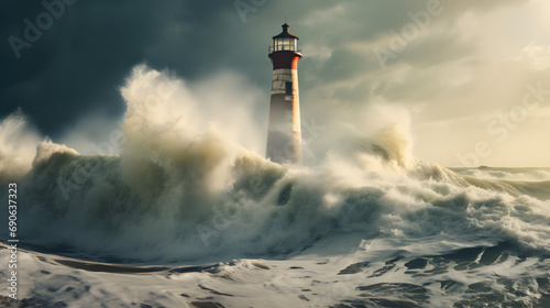 A lone lighthouse standing tall against crashing ocean waves. © Leo