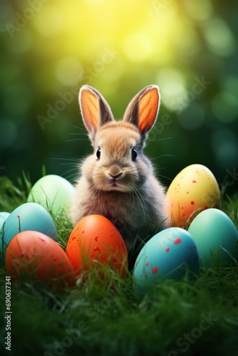 Easter bunny in green grass with painted eggs, sunny day, egg hunt, Happy Easter banner background © Slanapotam