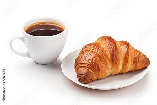 Fresh croissant and cup of coffee on white background