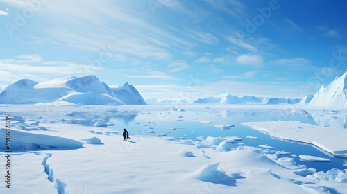 A lone penguin standing on a vast icy landscape in Antarctica.