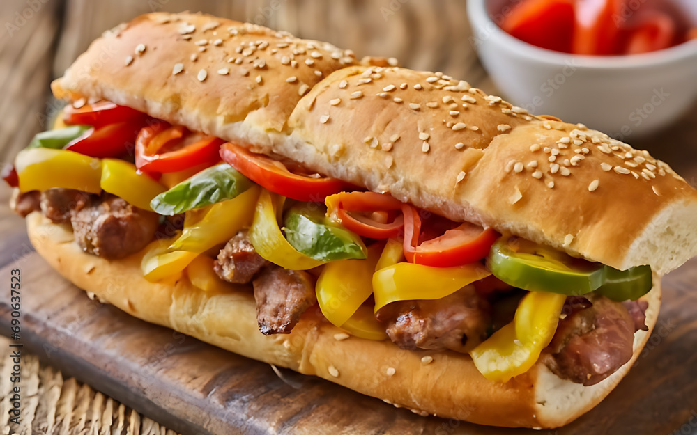 Capture the essence of Sausage, Peppers and Onions on a Hoagie in a mouthwatering food photography shot  Generative AI - obrazy, fototapety, plakaty 