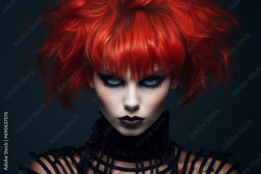 Portrait of a fierce intense woman with red hair, intense make-up, contemporary rebellious clothes Portrait of a fierce intense woman with red hair, intense make-up, contemporary rebellious clothes
