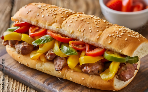 Capture the essence of Sausage, Peppers and Onions on a Hoagie in a mouthwatering food photography shot  Generative AI photo