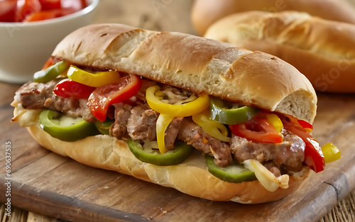 Capture the essence of Sausage, Peppers and Onions on a Hoagie in a mouthwatering food photography shot  Generative AI photo