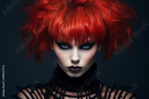 Portrait of a fierce intense woman with red hair, intense make-up, contemporary rebellious clothes