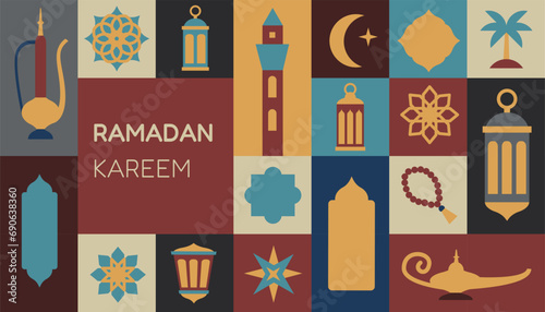 Geometric style colorful Islamic Ramadan Kareem banner, poster design, pattern and geometrical background.