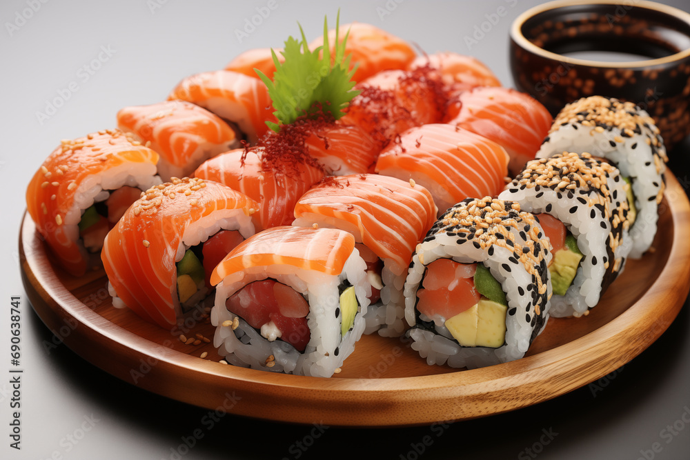 Close-up of Rolls with Tuna Salmon and Avocado, Japanese Sushi Rice Roll Close-up of Rolls with Tuna Salmon and Avocado, Japanese Sushi Rice Roll