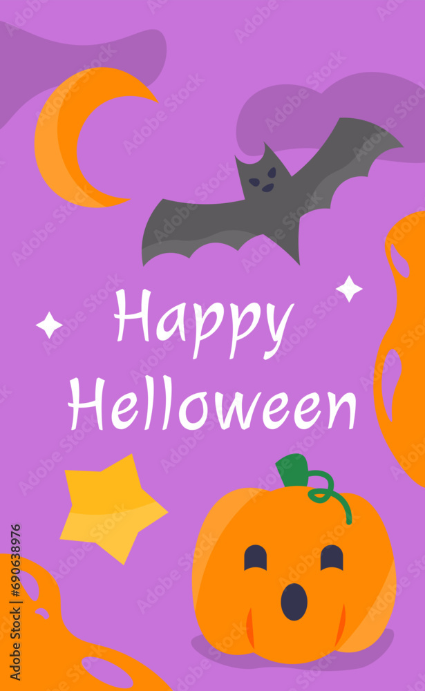 Halloween banner concept. Orange pumpkin and black bat near star and crescent. Traditional international holiday of fear and horror. Graphic element for website. Cartoon flat vector illustration