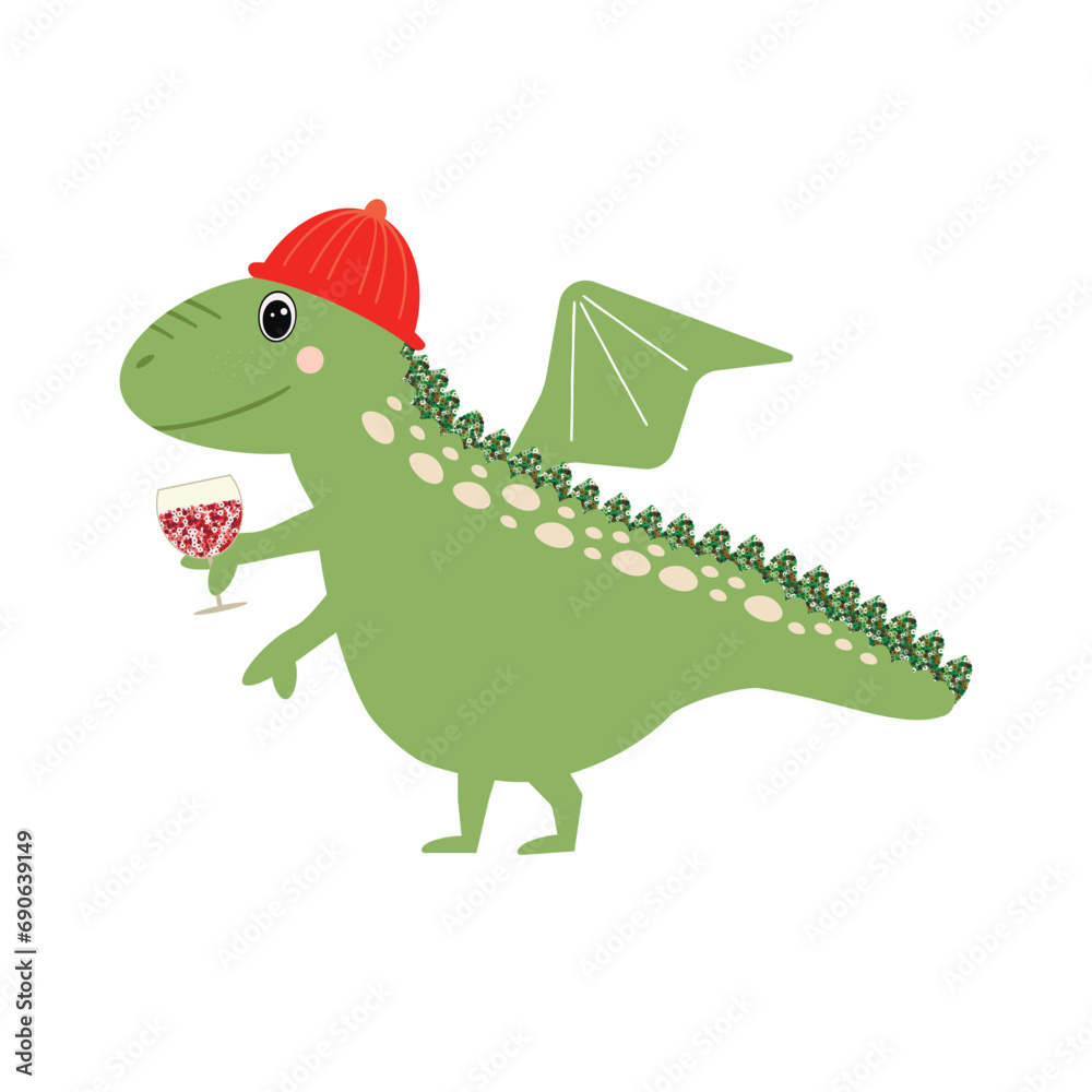 Obraz premium Symbol of New Year 2024. Happy lunar new year greeting card. Zodiac cartoon character. Funny dragon with wine glass. Sequin elements. Cute illustration for the poster, card, print, textile.