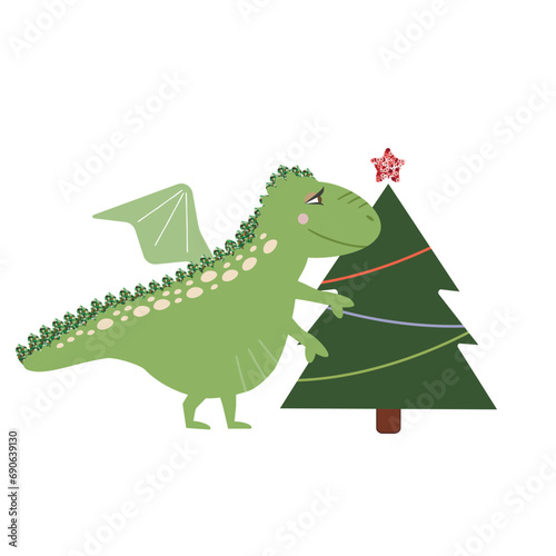Symbol of New Year 2024. Happy lunar new year greeting card. Zodiac cartoon character. Funny dragon with x-mas tree. Sequin elements. Cute illustration for the poster, card, print, textile.