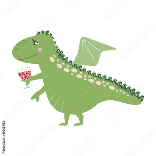 Symbol of New Year 2024. Happy lunar new year greeting card. Zodiac cartoon character. Funny dragon with wine glass. Sequin elements. Cute illustration for the poster, card, print, textile.