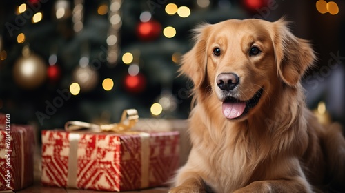 A golden retriever dog sitting with present gift box near Christmas tree at room decorated for Christmas. Festival, holiday and new year concept. Cute pets