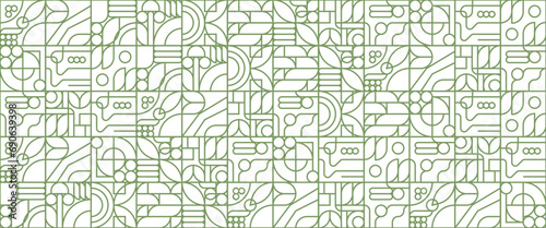 Green and white outline geometric mosaic seamless pattern illustration with creative nature shapes banner. Fresh organic background. Minimalist environment shape texture, geometry collage.