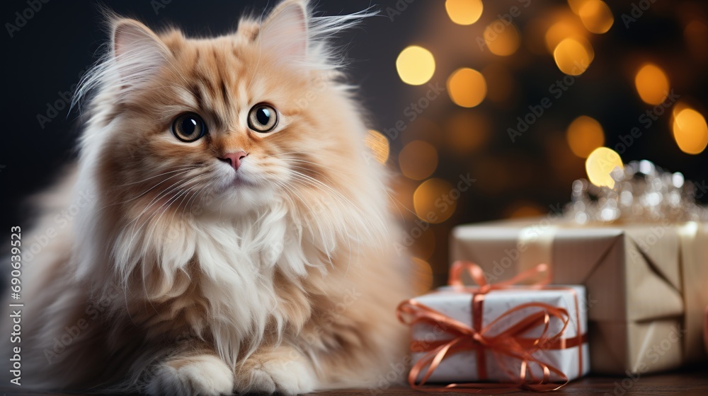 A cat with present gift boxes near Christmas tree at room decorated for Christmas. Festival, holiday and new year eve concept. Cute pet. Christmas background postcard.