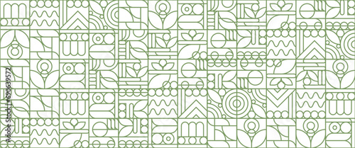 Green and white outline geometric mosaic seamless pattern illustration with creative nature shapes banner. Fresh organic background. Minimalist environment shape texture, geometry collage.