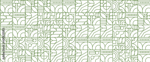 Green and white vector flat mosaic banners with outline nature shapes. Fresh organic background. Minimalist environment shape texture, geometry collage.