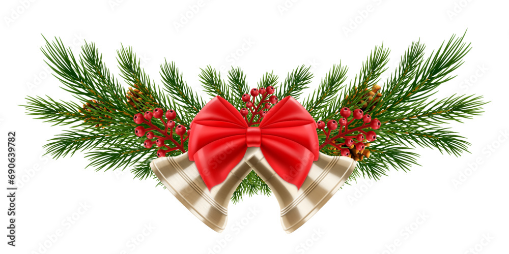 Christmas tree branches with rowan berries and two golden bells with a red bow. New year holiday decoration element - spruce tree with ribbons bow, Isolated on white background. Realistic 3d vector