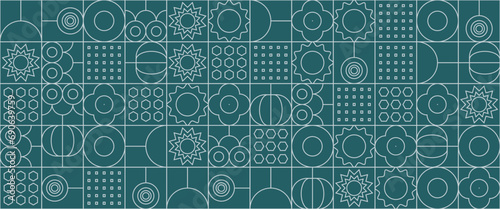Green and white abstract geometric mosaic banner design with simple nature outline shapes