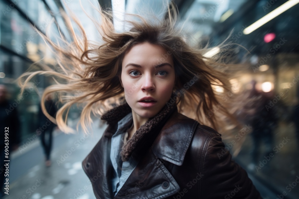 Dramatic portrait of a woman with windblown hair in an urban setting, showcasing the dynamic energy of city life.
Dramatic portrait of a woman with windblown hair in an urban setting, showcasing the dynamic energy of city life.