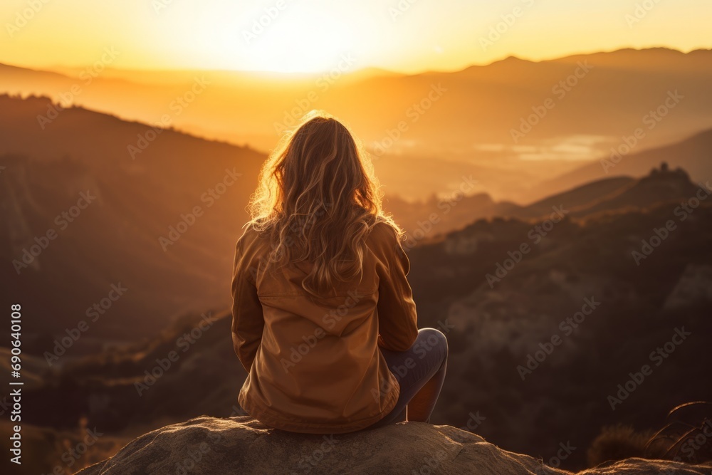Person sitting on a mountain top at sunrise, symbolizing contemplation and the grandeur of nature.
Person sitting on a mountain top at sunrise, symbolizing contemplation and the grandeur of nature.