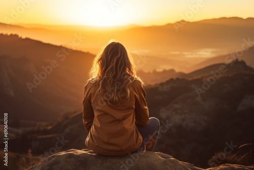 Person sitting on a mountain top at sunrise, symbolizing contemplation and the grandeur of nature.