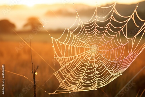 Dew-laden spider web against a sunrise in a field, symbolizing intricacy and the beauty of nature's creations.