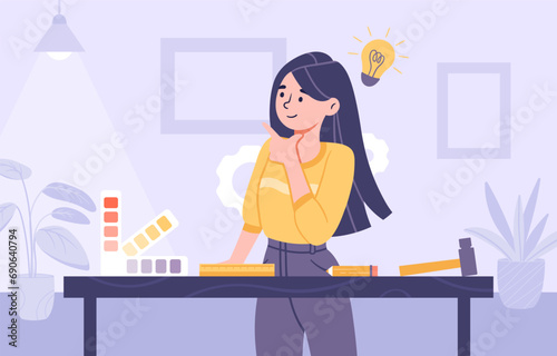 Interior designer at workplace. Woman with palette and creative idea. Talented artist in workshop or studio. Young girl with ruler and pencil. Creativity and art. Cartoon flat vector illustration