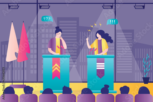 Political show on tv. Two female politician guests debate in modern television studio. Business characters on tv. Interview, media event. Television talk show, live streaming.