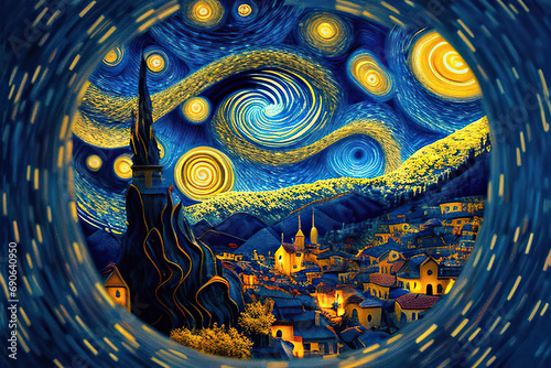 Starry night on the town with blue and yellow swirls in the sky, fantasy scene, round frame, illustration in the style of impressionism, Generative AI