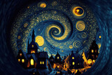 Starry night on the small town with blue and yellow fractals and spirals in the sky, fantasy landscape in the style of impressionism, Generative AI