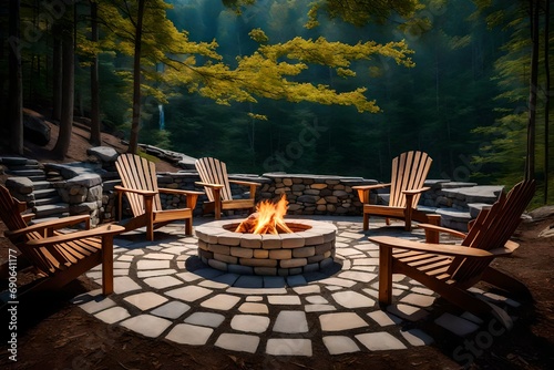 In the highlands, a stone fire pit with Adirondack chairs surrounding it photo