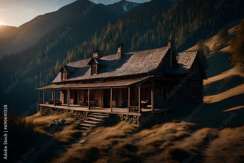 Old house in the mountains at dawn