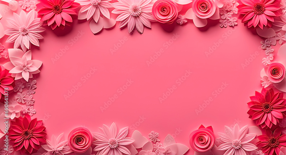 Banner with pink flowers with copy space on the center. Design for Valentine's and Mother's day. Above view.