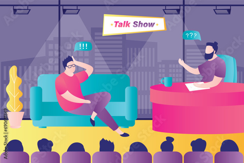 Interviewer man asks famous celebrity on TV show. Popular male-star gives interview to television presenter in broadcast studio. online channel, blogger and handsome guest